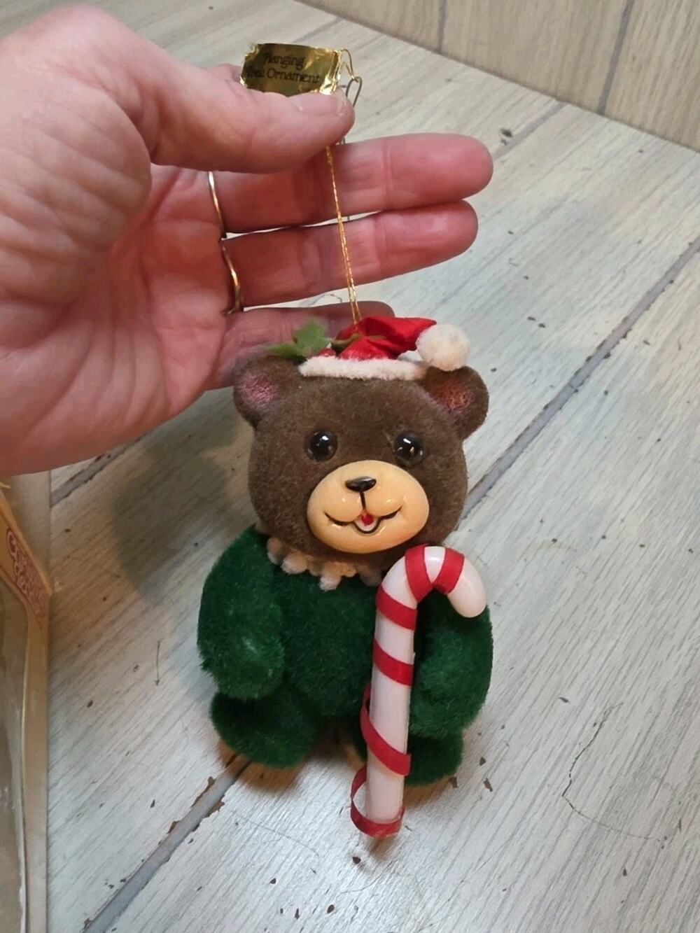 Vintage Jasco Flocked Bear Ornament Christmas Teddies Teddy Candycane Green